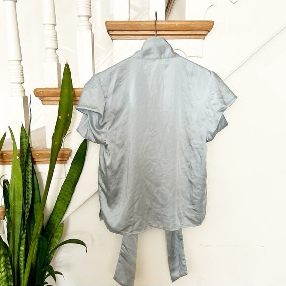 Zara Light Blue Satin Short Sleeve Top with Tie Detail V-Neckline Top Size XS - Picture 3 of 5